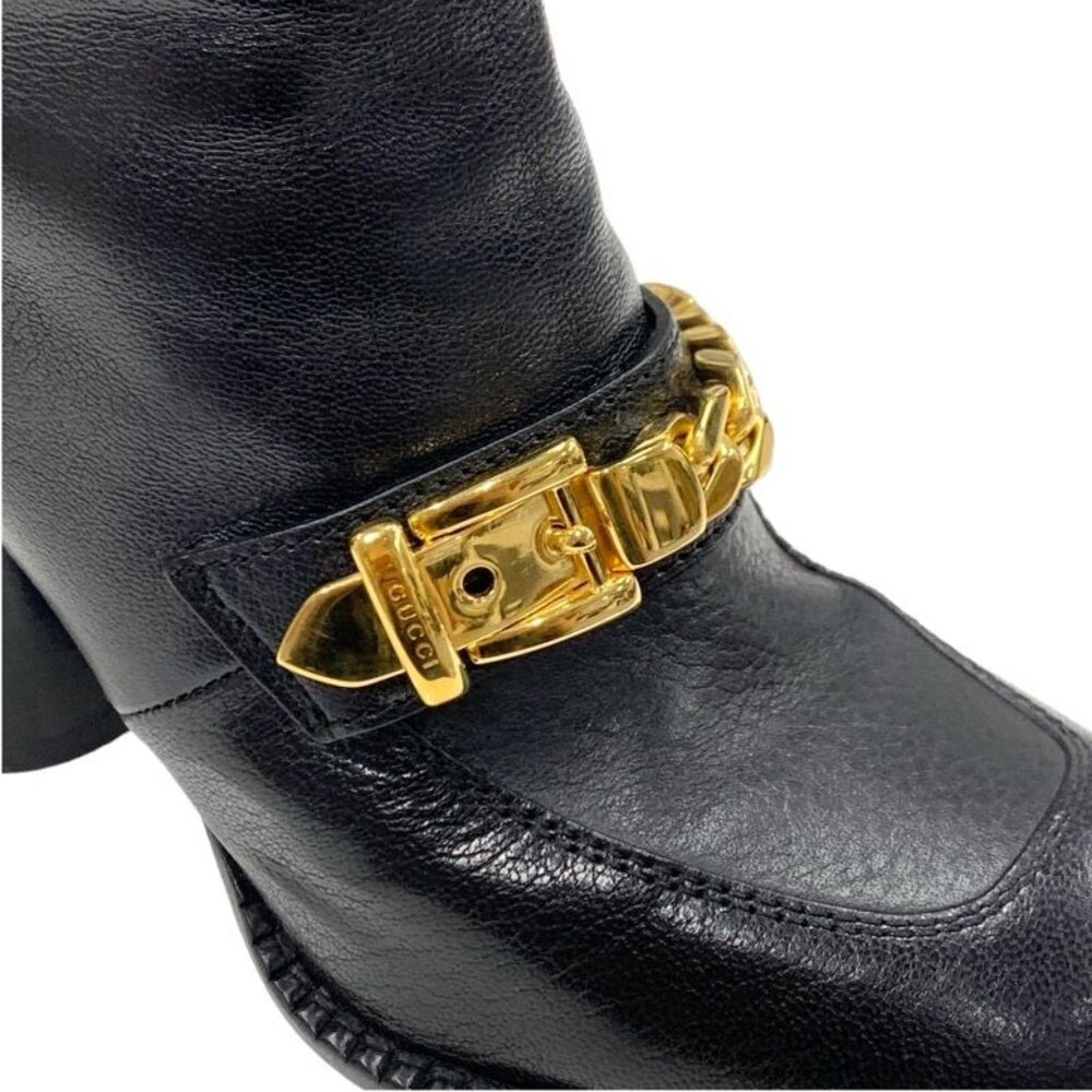 Gucci Boots Short Boots Shoes Leather Black Gold Chain Belt - Picture 9 of 10